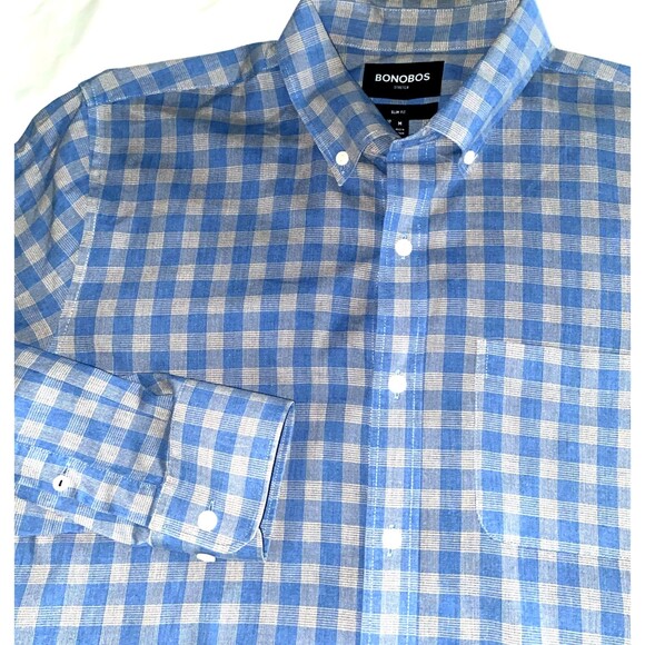 BONOBOS Shirt Mens Size M Button Down Long Sleeve Slim Fit Blue Plaid Cotton - Picture 2 of 7